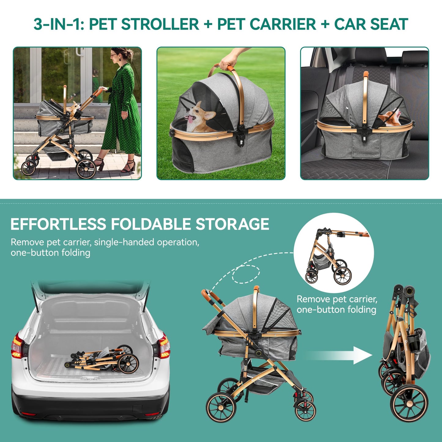 Hundewagen 3-in-1, faltbar, grau