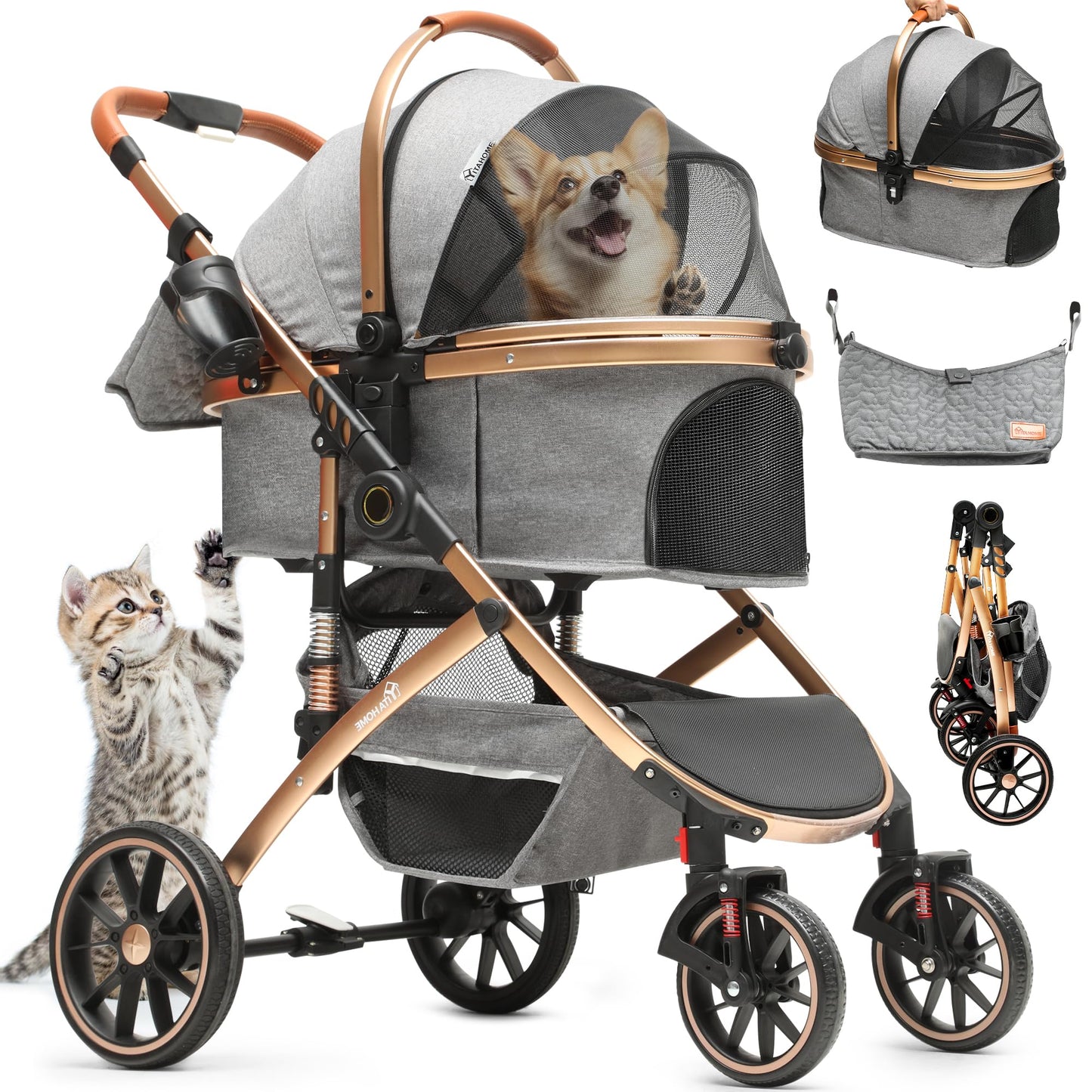 Hundewagen 3-in-1, faltbar, grau