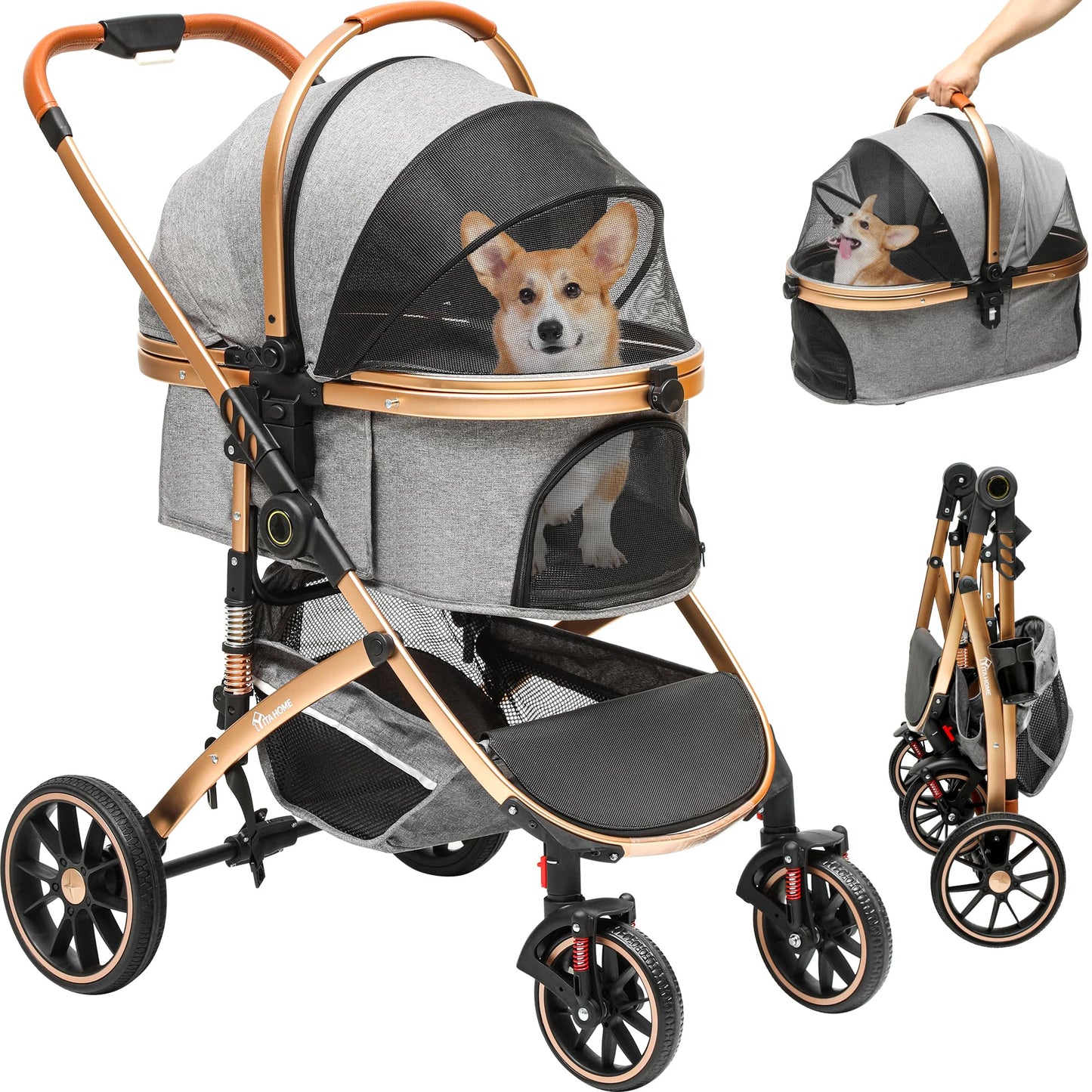 Hundewagen 3-in-1, faltbar, grau